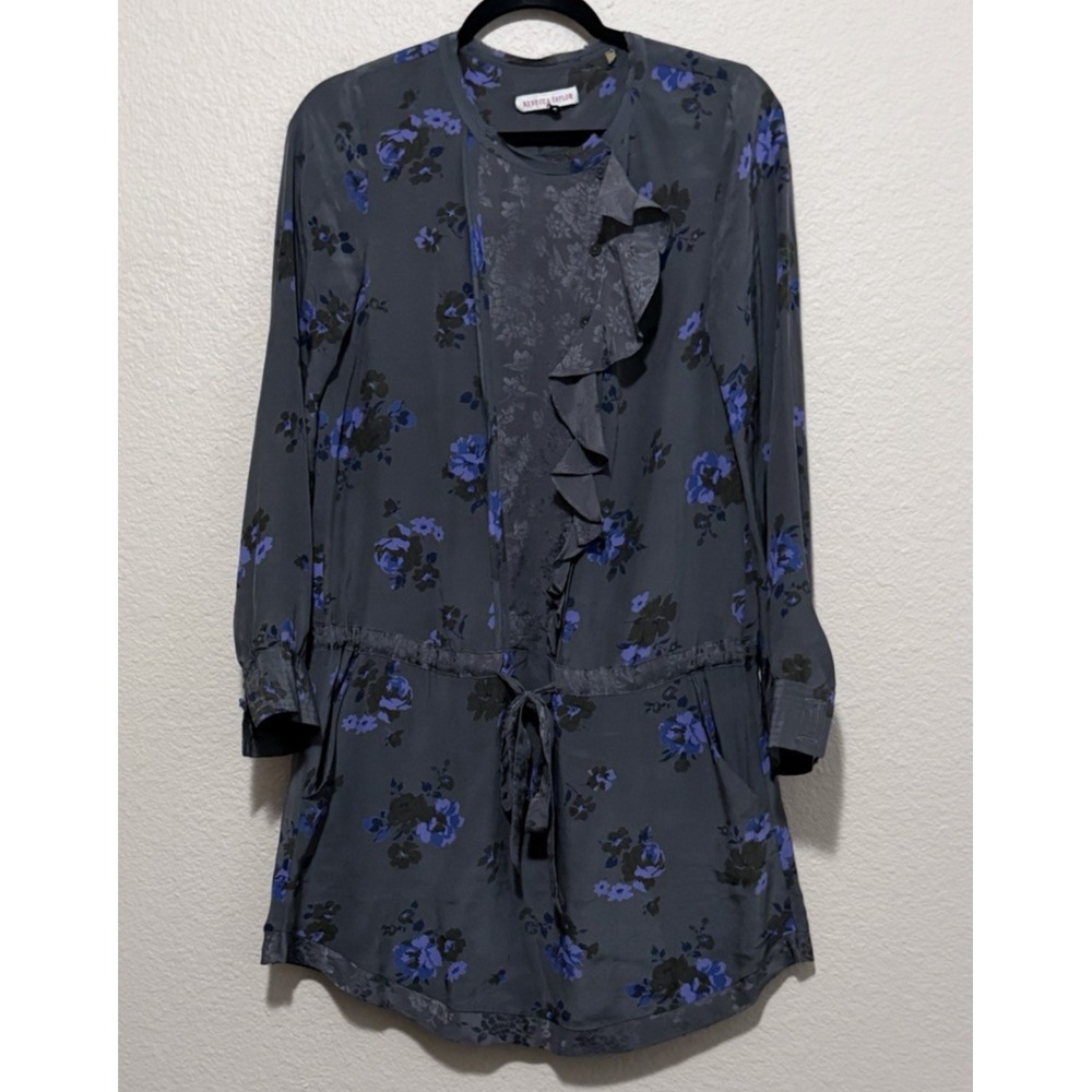 Rebecca Taylor Silk Floral Ruffle Sleeve Tie Waist Mini Dress Tunic Top sz 4